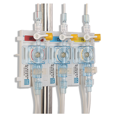 Reusable blood pressure transducer system, multiple disposable using pressure monitoring tubing set